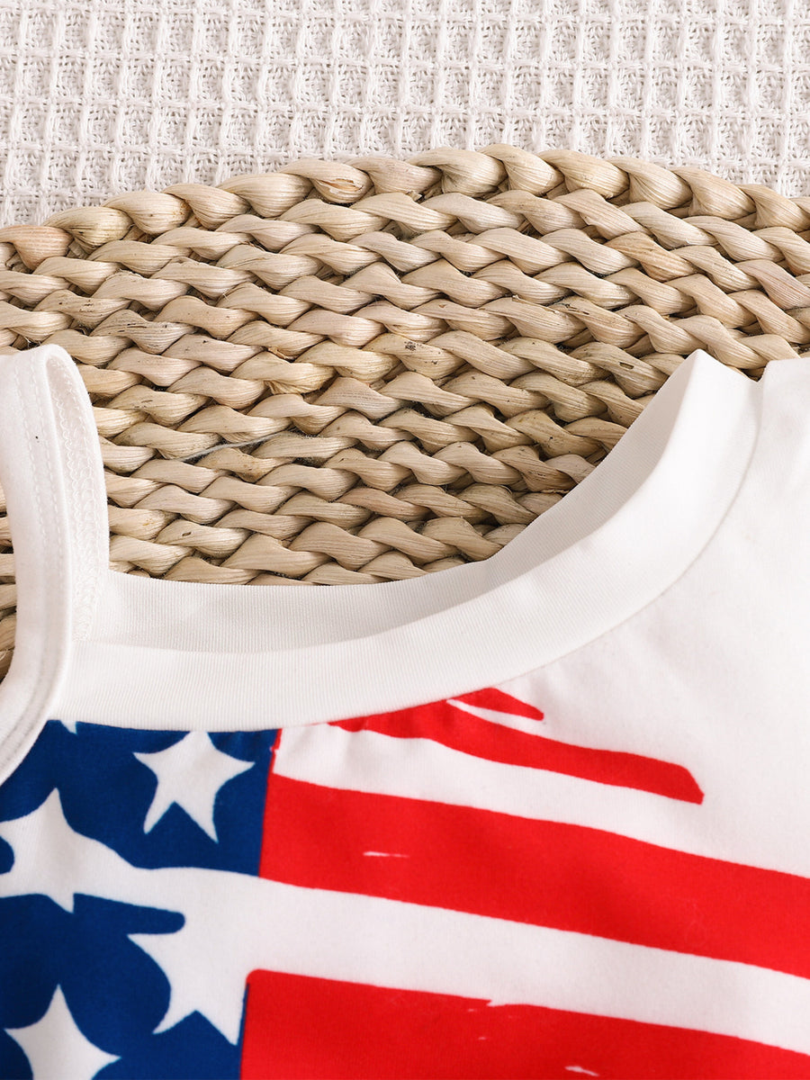 Baby American flag tank top with white trim and straps, cotton.