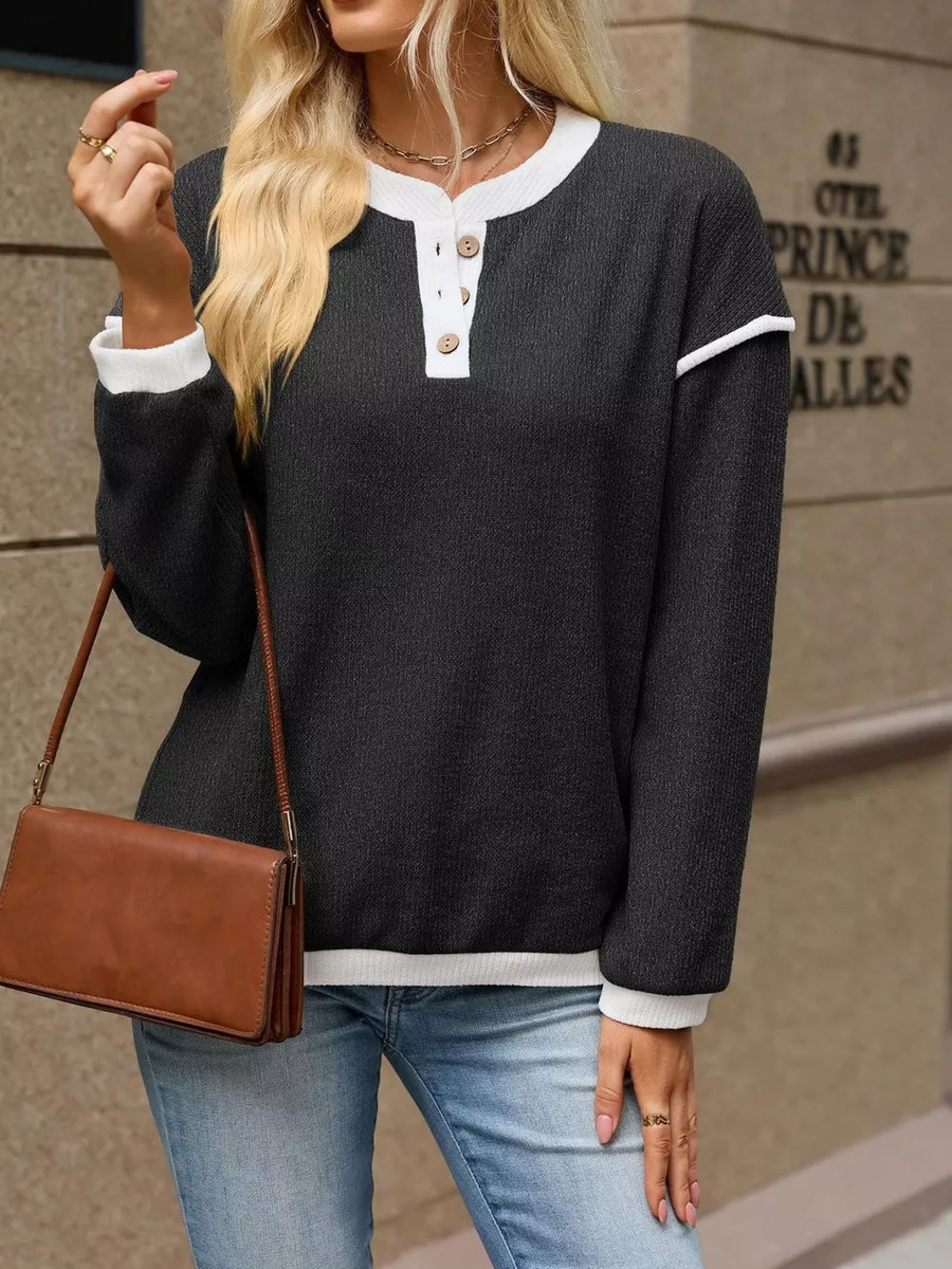 Button Detail Dropped Shoulder T-shirt in Gray with buttoned
