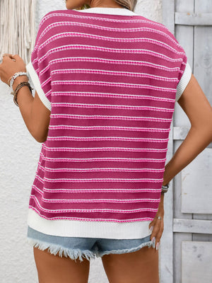 Ribbed short sleeve knit top in rose red with white stripes and trim.