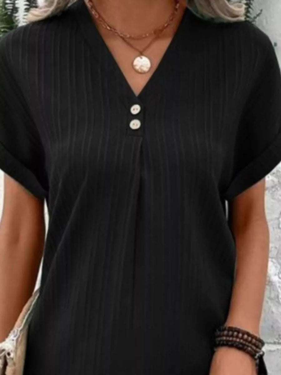 Black Full Size Casual V-neck Short Sleeve Dress