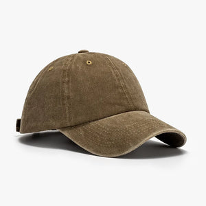 Vintage washed cotton baseball cap in Coffee Brown with distressed details.