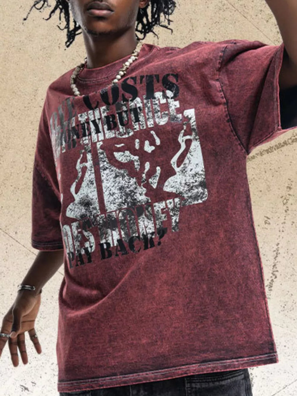Burgundy graphic cotton crew neck t-shirt with distressed details and abstract print.