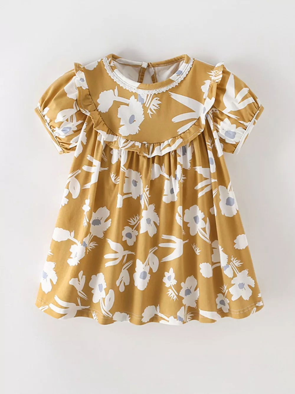 Toddler dress with yellow floral print, ruffle collar, and short sleeves.