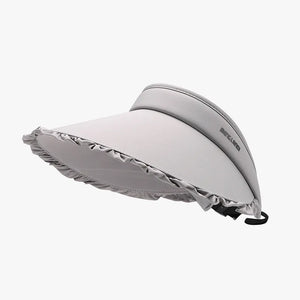 Gray ruffled visor with adjustable drawcord and wide brim