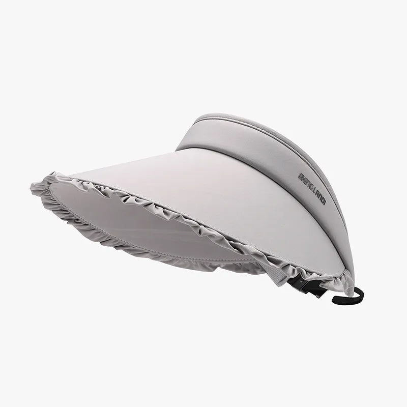 Gray ruffled visor with adjustable drawcord and wide brim