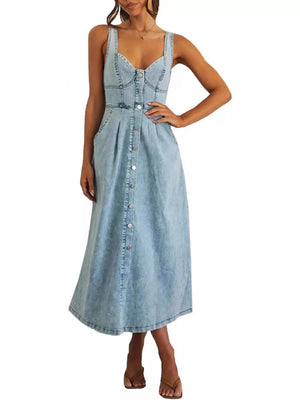 midi dress in light blue featuring pocketed and A-line fit