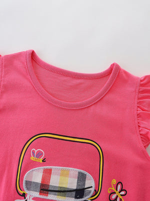 Pink cotton tee with ruffle sleeves and a graphic print featuring a butterfly and plaid detail.