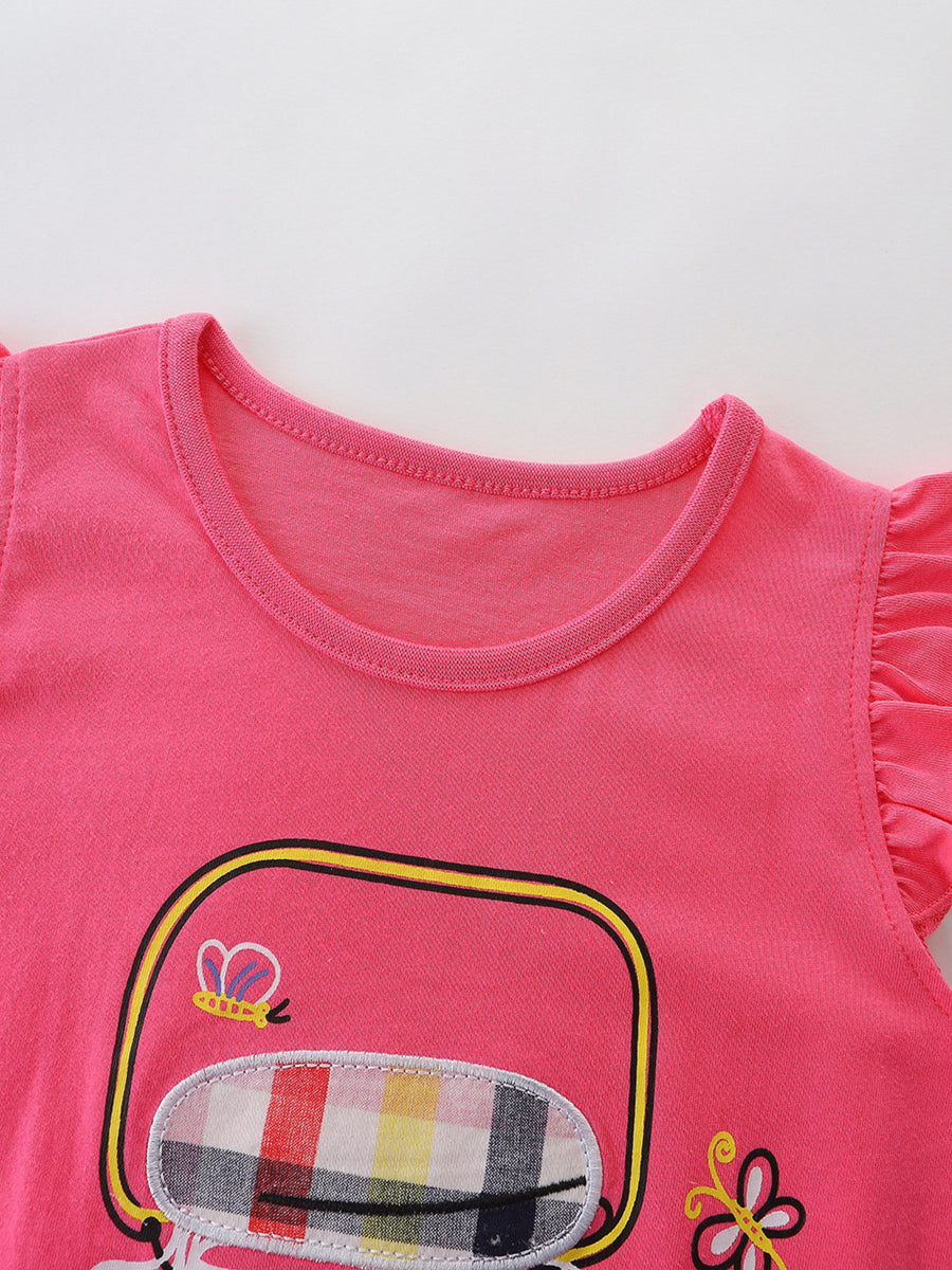 Pink cotton tee with ruffle sleeves and a graphic print featuring a butterfly and plaid detail.