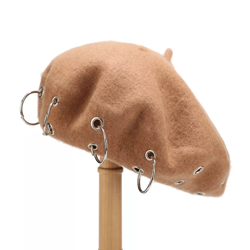 Metal Ring Embellished Beret Hat in Grey with metal rings