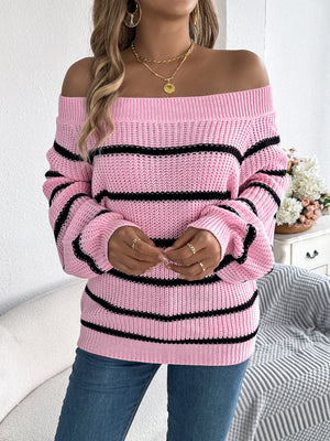 pullover sweater in light pink with striped and off-shoulder