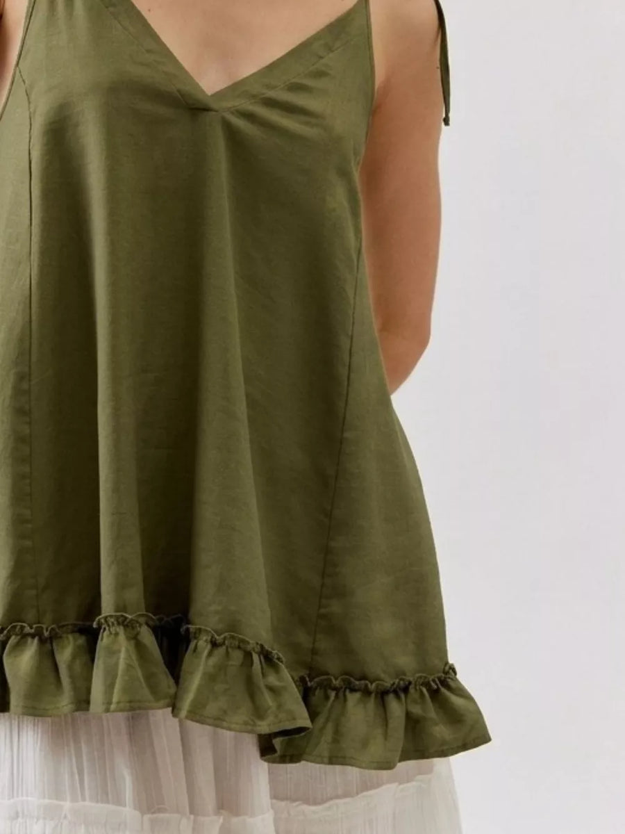 Army green camisole with V-neck, tie straps, and ruffled hem.