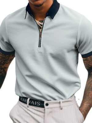Gray textured zip-neck polo shirt with black collar and cuffs.