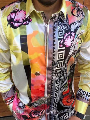 Artistic panel silk shirt in light yellow with bold floral and abstract prints.