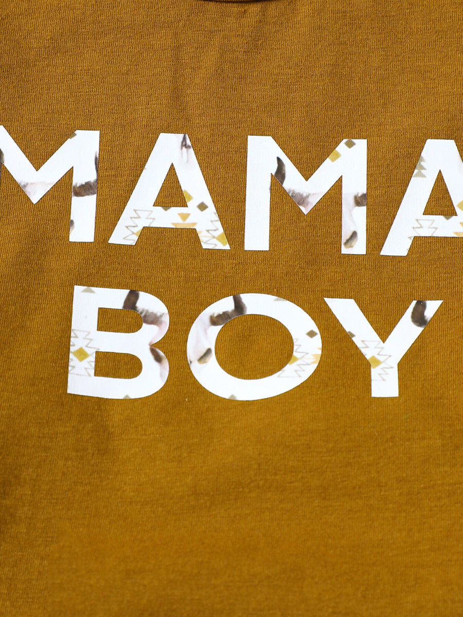 Mama's Boy graphic tee in caramel cotton blend with patterned fill letters.