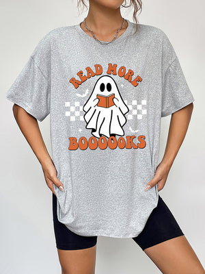 Grey graphic t-shirt with a ghost reading a book and "Read More Boooooooks" text