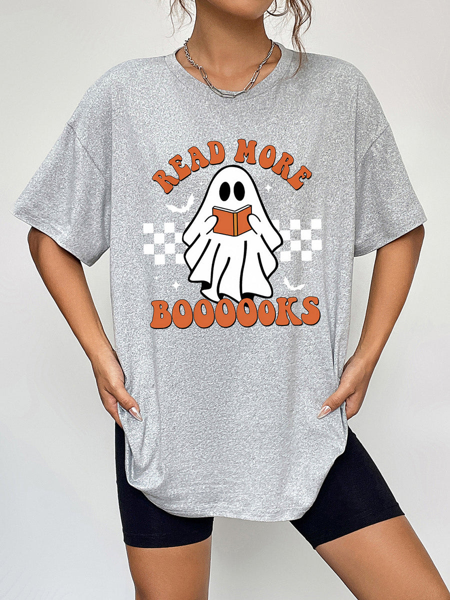 Grey graphic t-shirt with a ghost reading a book and "Read More Boooooooks" text