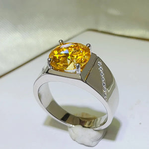 Radiant yellow moissanite and silver band ring with accent stones