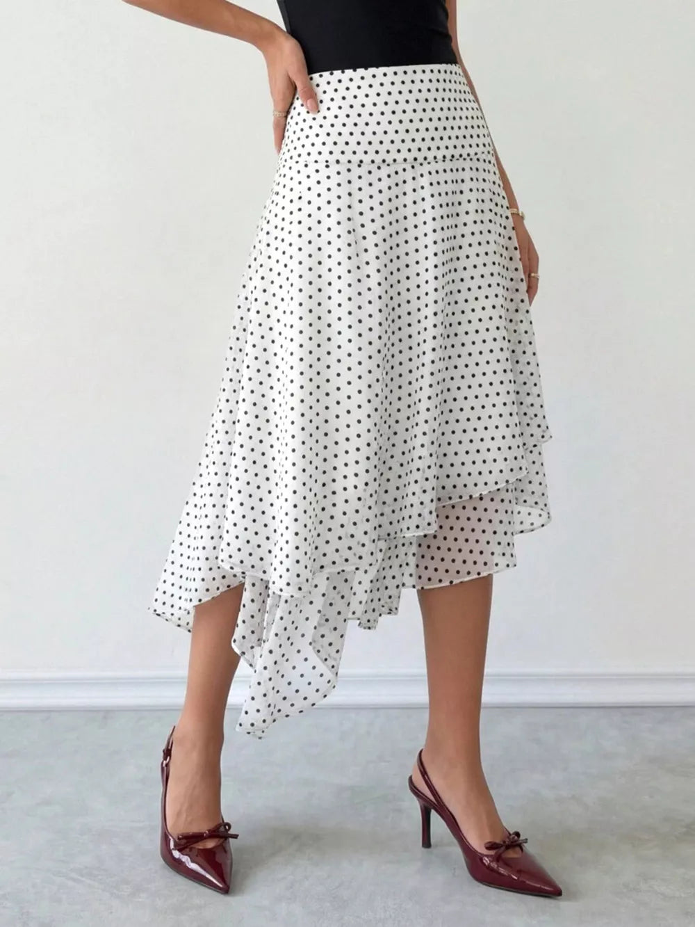 White with Polka Dot Asymmetrical Hem Midi Skirt