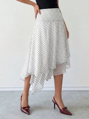 White with Polka Dot Asymmetrical Hem Midi Skirt