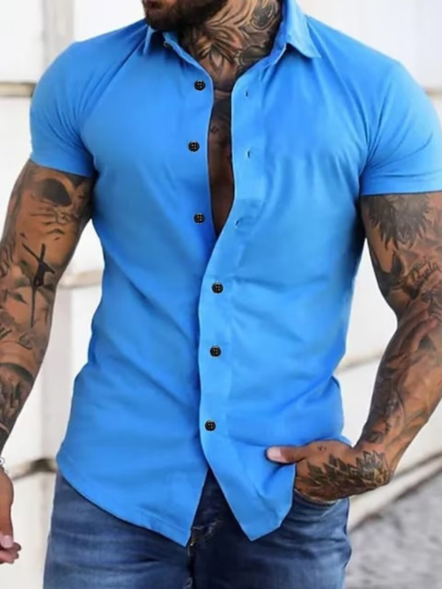 Men's slim fit short sleeve button-down shirt in sky blue cotton blend with black buttons.