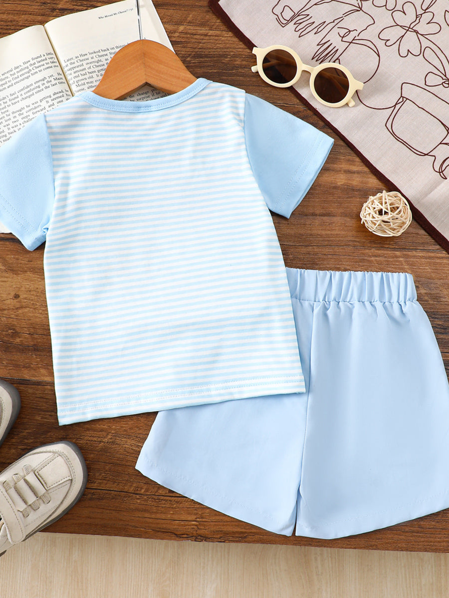 Baby boys' blue striped tee and solid shorts set, cotton blend.