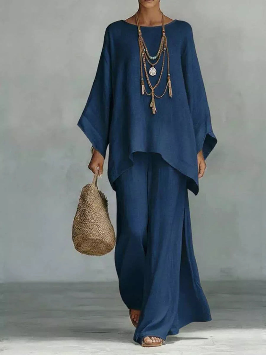 cream loose pants set with boat neck