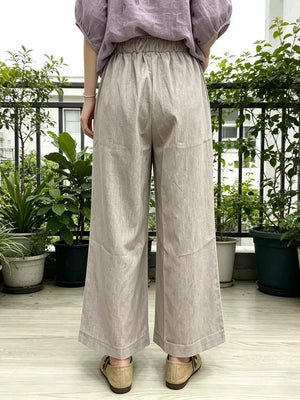 Khaki maternity pants with drawstring waist and pockets, wide leg, ankle length.