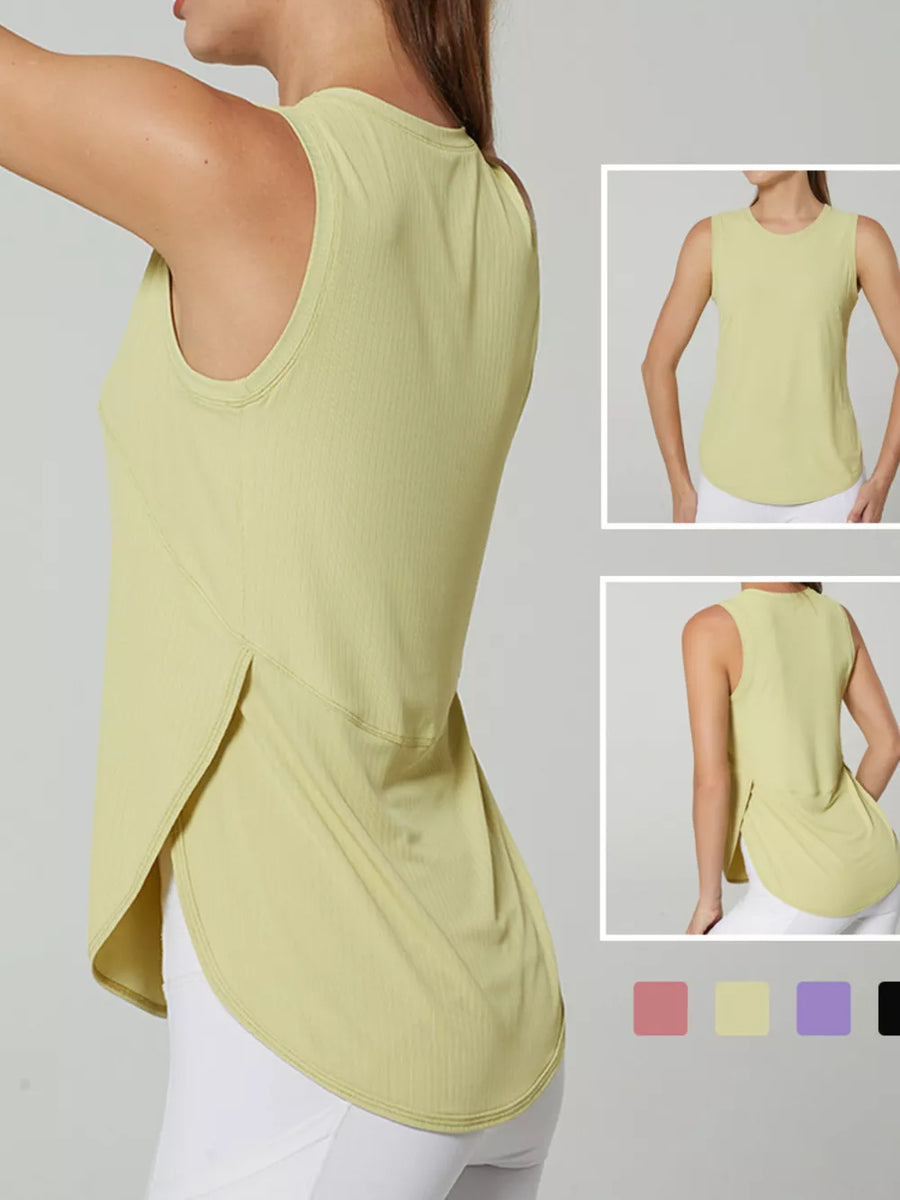 Light yellow ribbed knit sleeveless tank top with high-low hem and side slits.