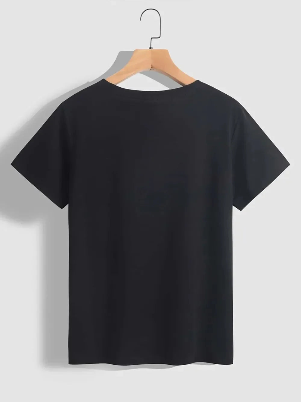 Black t-shirt with short sleeves and a crew neck, plain back.