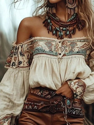 Apricot off-shoulder top featuring buttoned and geometric