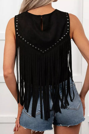 Black rhinestone-embellished western fringe tank top with a keyhole back detail.