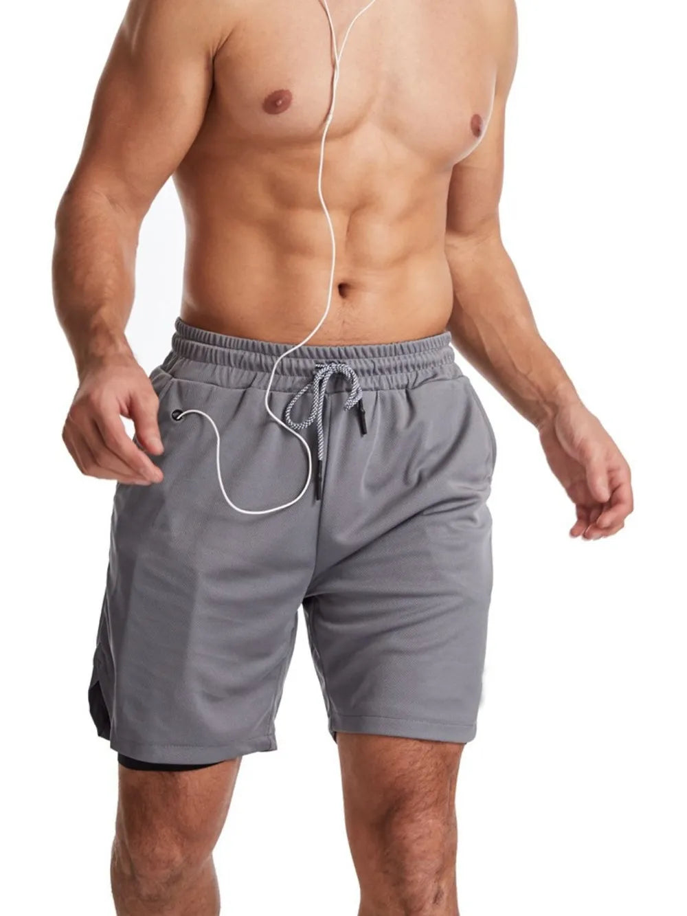 Gray dual-layered performance shorts with phone pocket and drawstring waist.