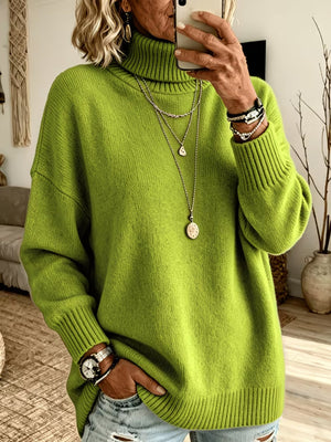 turtleneck sweater in lime green featuring dropped shoulder and oversized fit