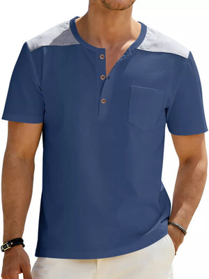Blue short sleeve henley t-shirt with contrast gray shoulder panels and chest pocket.
