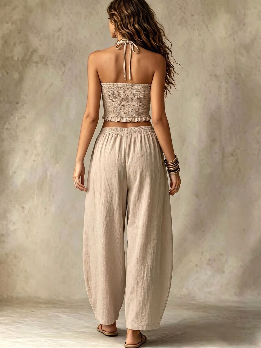 Khaki two-piece set with cropped, full-length and pullover, elastic