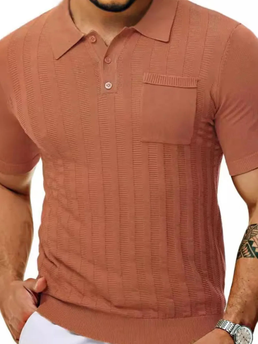 Caramel ribbed knit polo shirt with chest pocket and buttoned neckline.