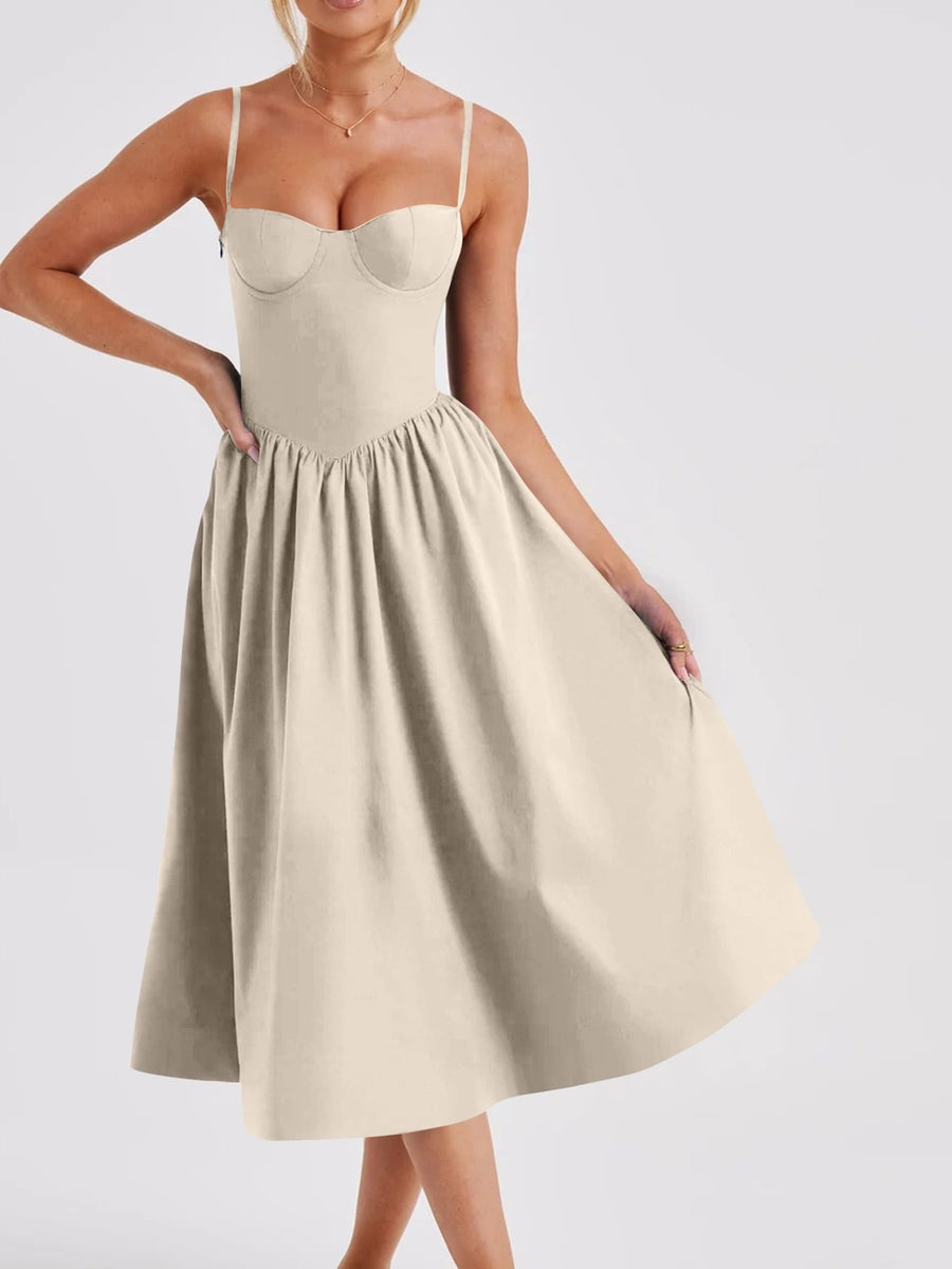 midi dress in Light Yellow with sweetheart and spaghetti strap