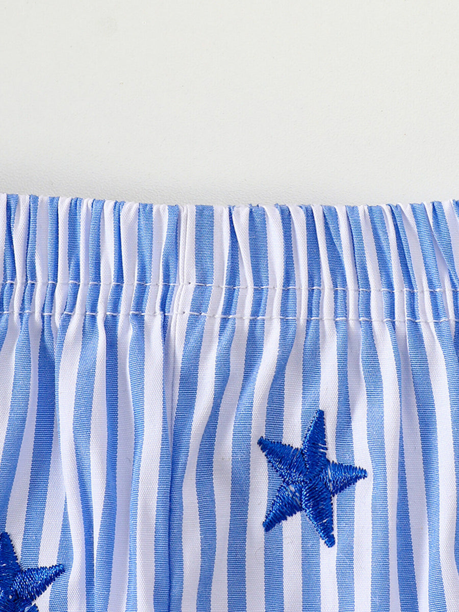 Baby outfit set with blue and white stripes and embroidered stars.
