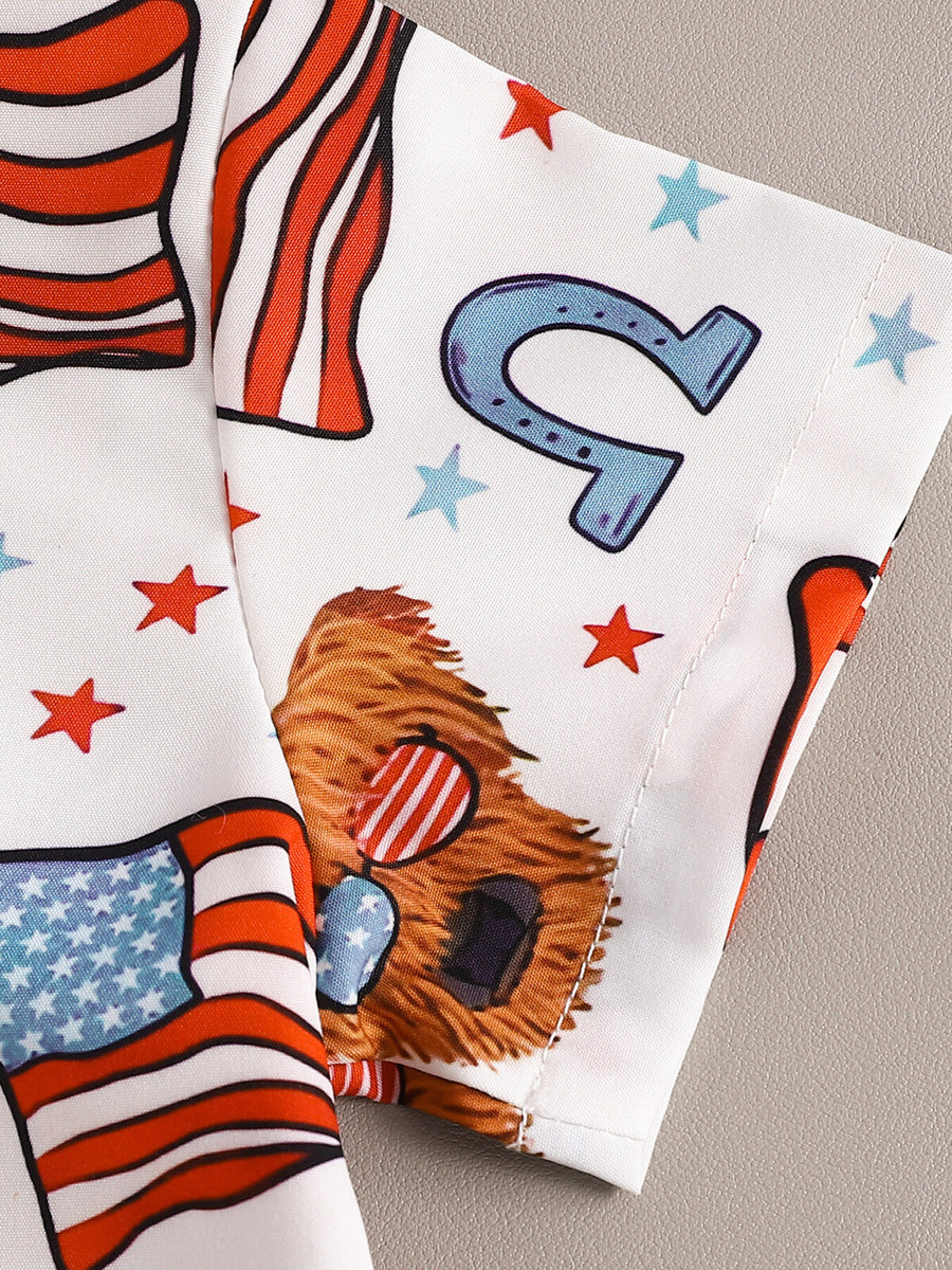 Toddler patriotic shirt with bear, flag, horseshoe & star print.