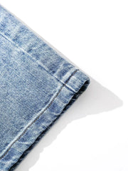 Light blue denim capris with relaxed fit and visible stitching detail.