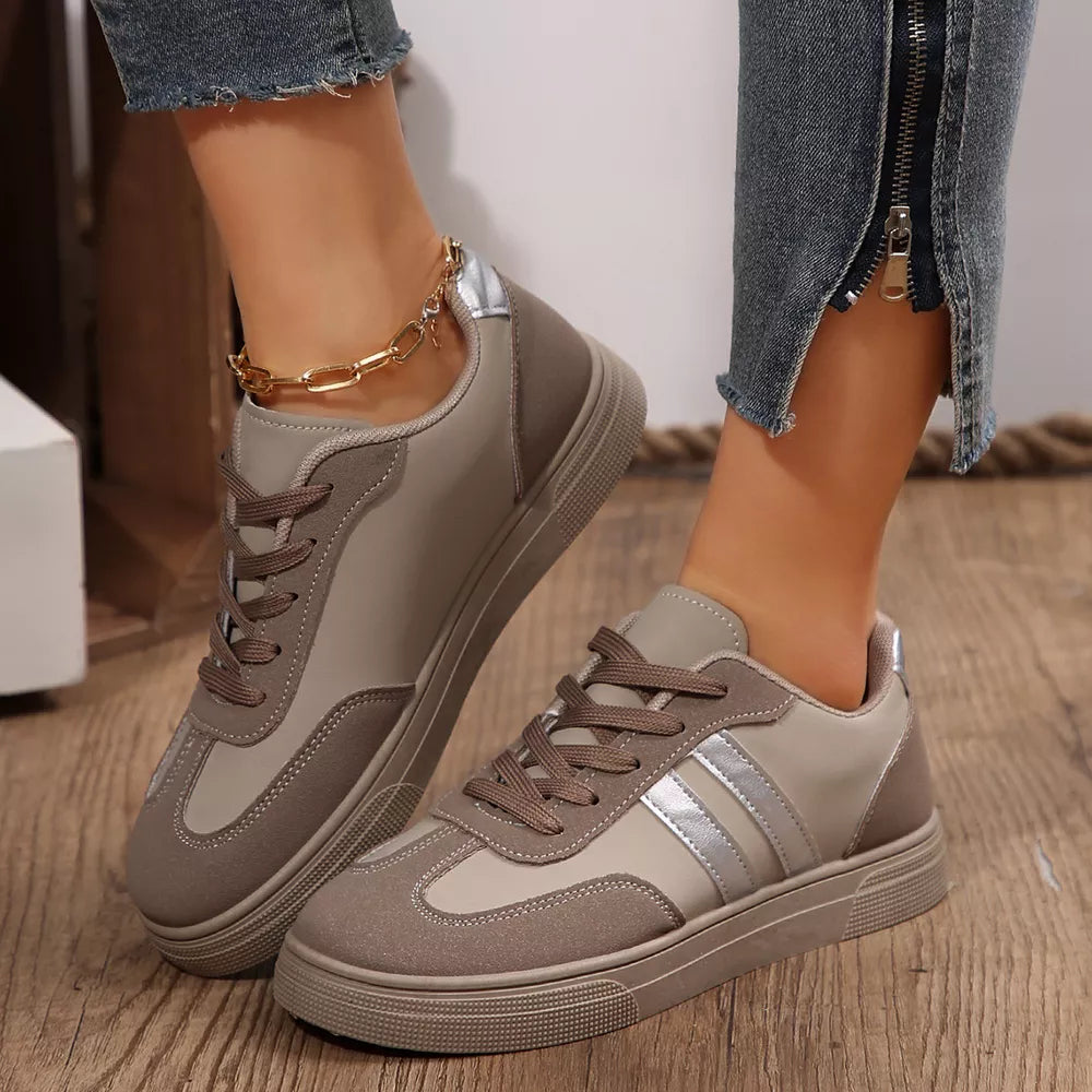 Khaki Color Round Toe Lace Up Sneakers
