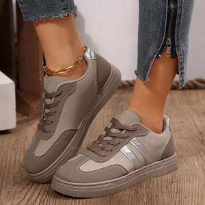 Khaki Color Round Toe Lace Up Sneakers