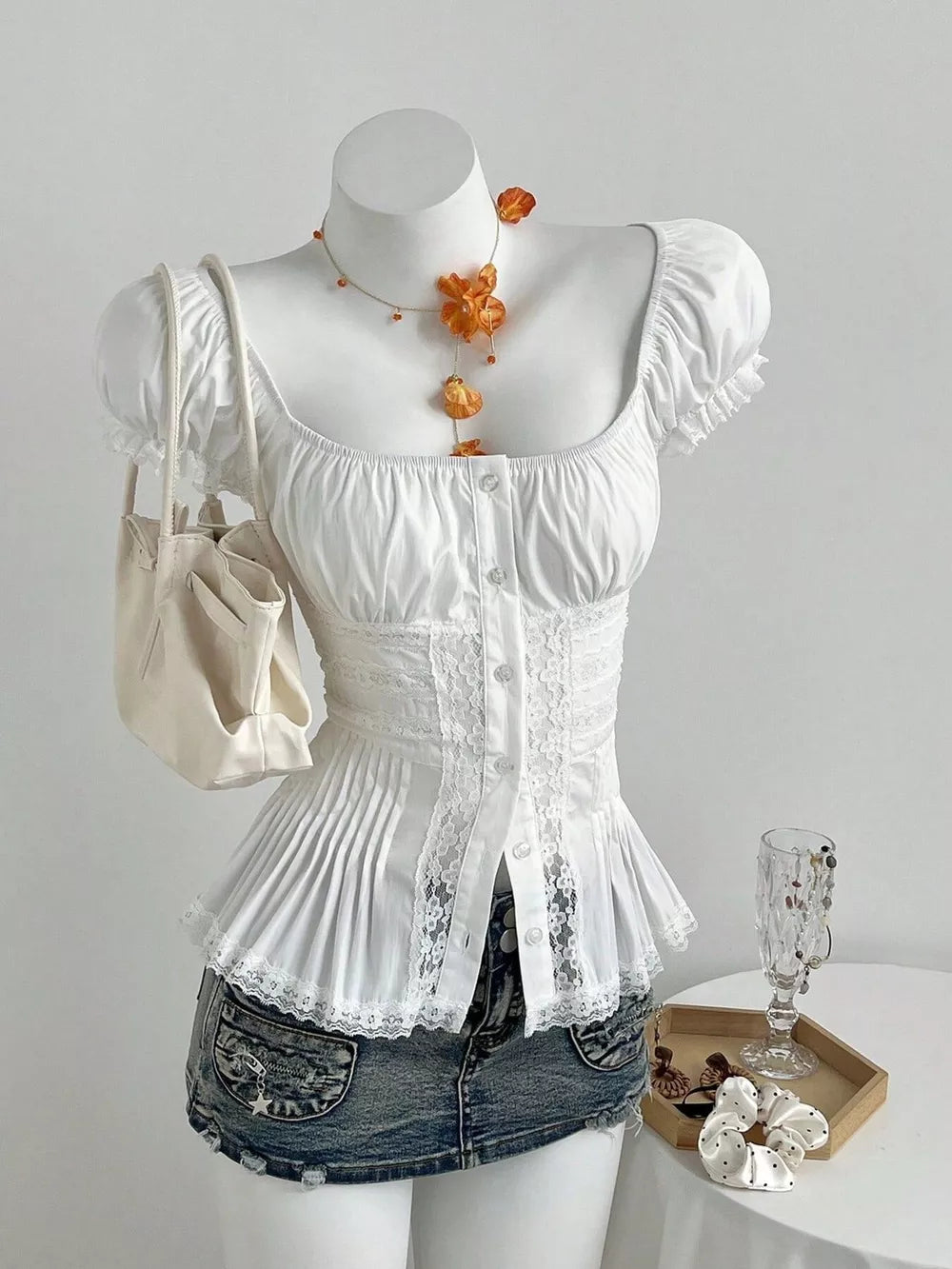 Lace Button Up Short Sleeve Shirt