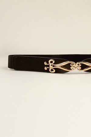 Black elastic belt with a sculpted gold alloy clasp.