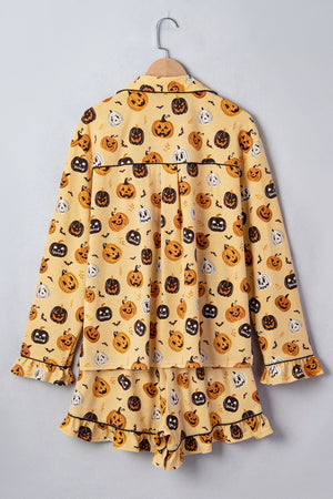 pajama set in orange with pumpkin-print and buttoned
