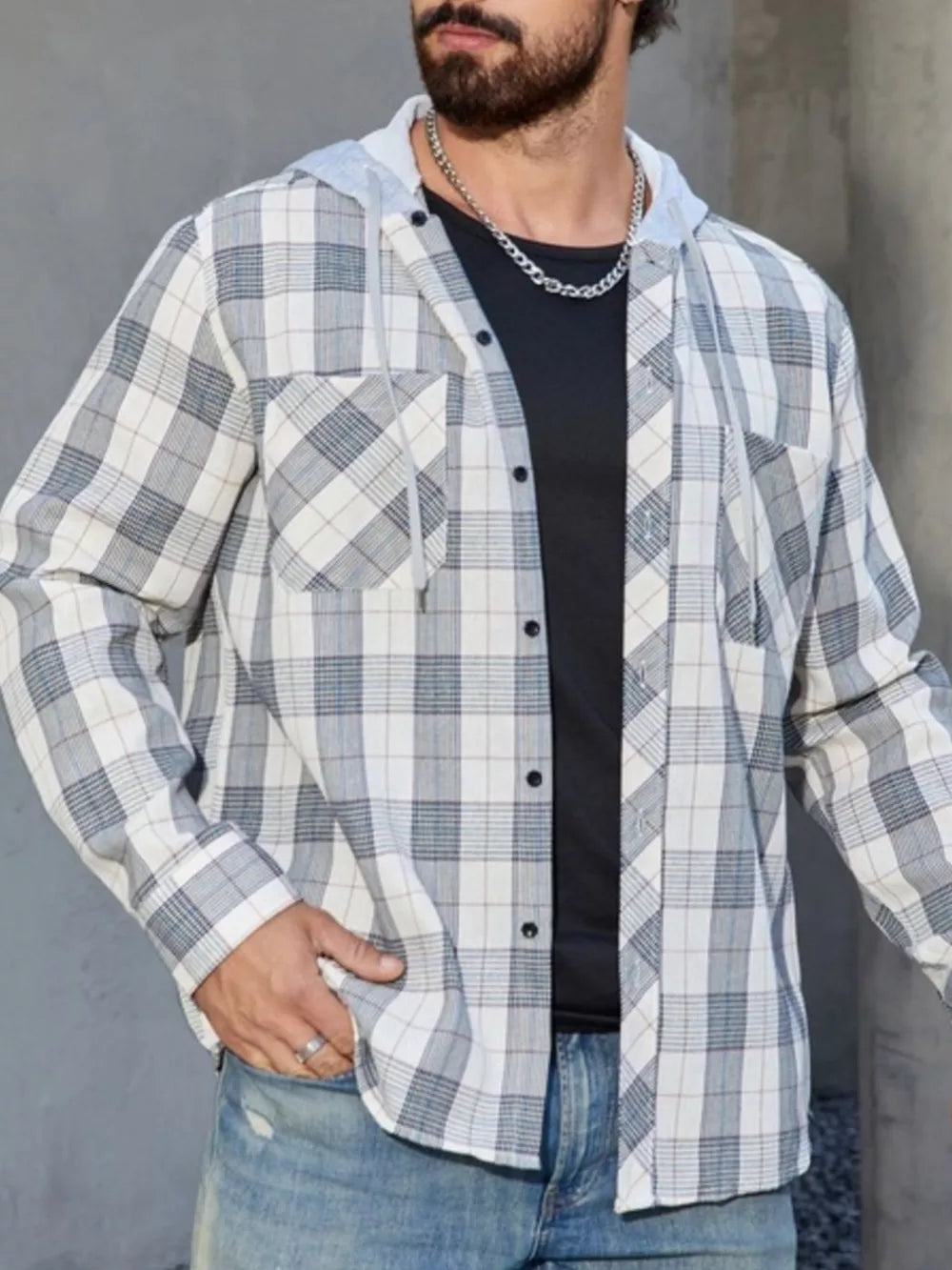 Plaid long sleeve button-up hoodie in light gray with chest pockets.