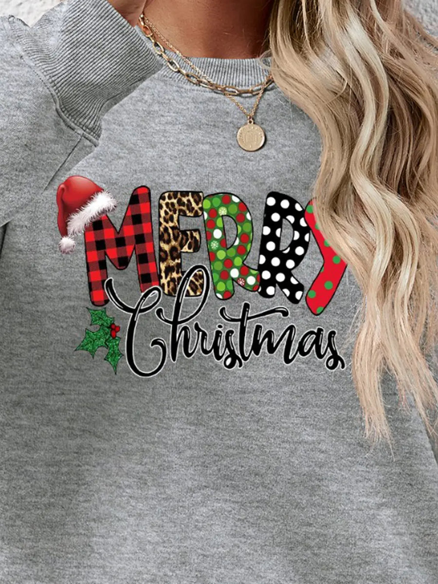 Festive graphic sweatshirt in gray with Merry Christmas text and Santa hat detail.