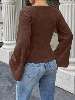 Ribbed Flare Sleeve Top With Ruched Detail in Light Gray, view 15