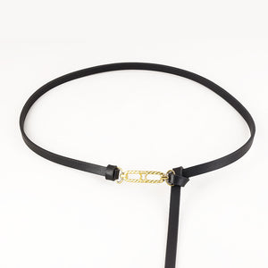 Black cowhide leather skinny belt with gold chain buckle detail
