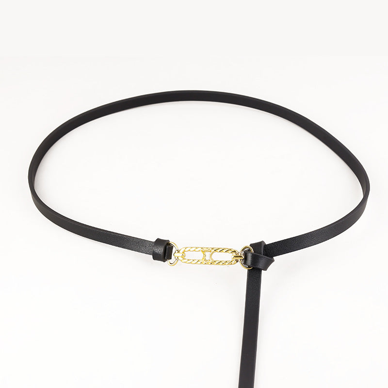 Black cowhide leather skinny belt with gold chain buckle detail